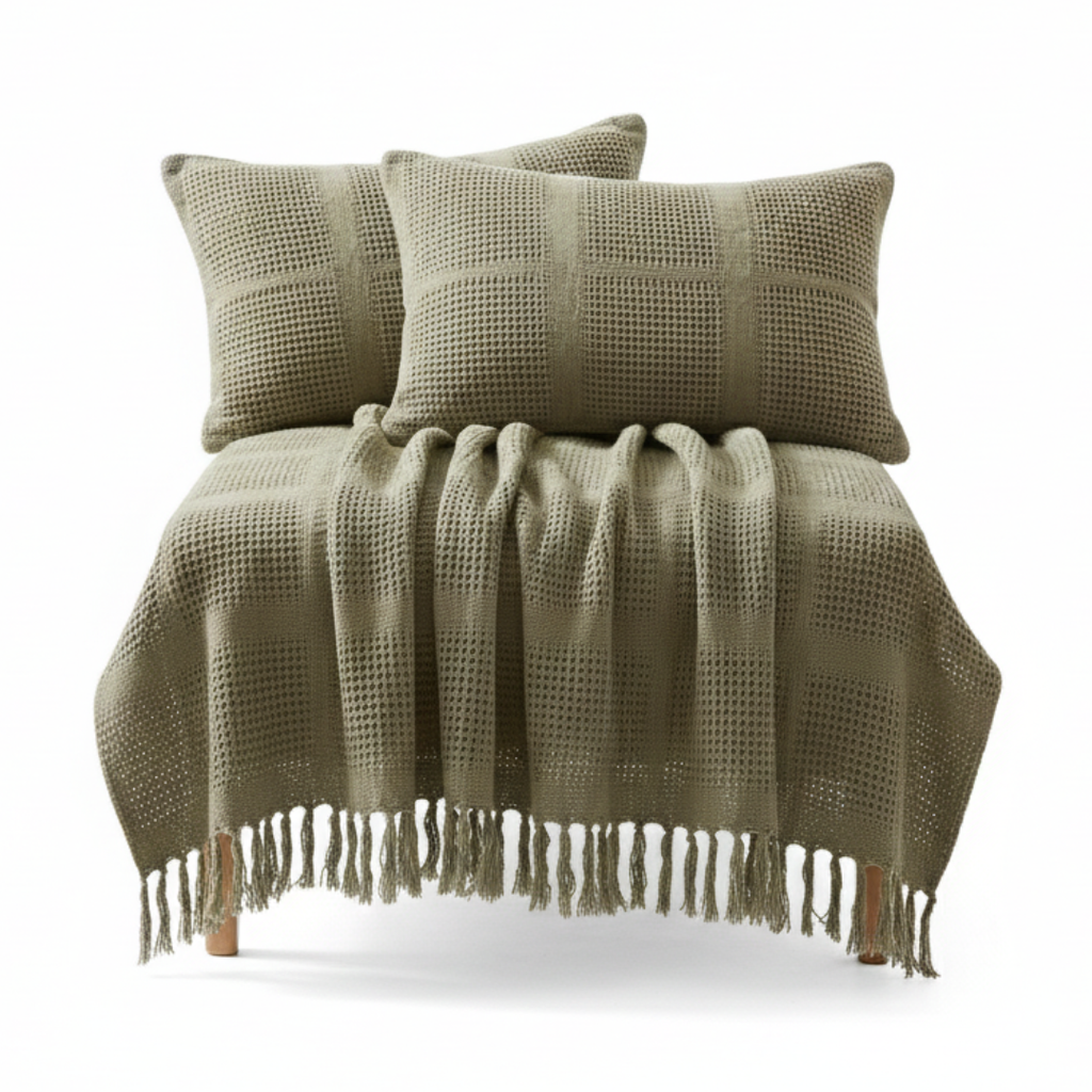 Cozy Olive Green Knitted Throw with Two Cushions