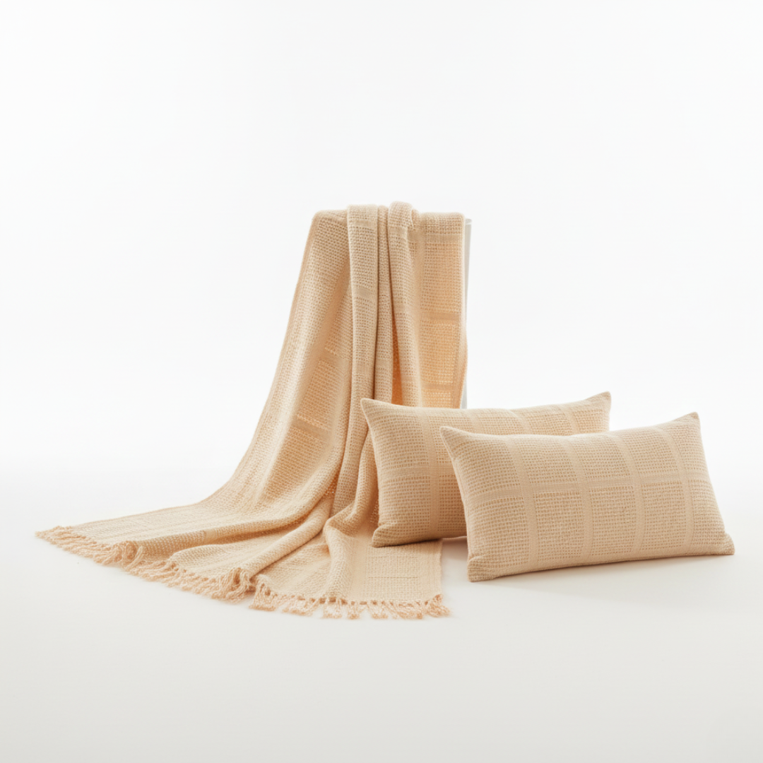 Cozy Cream Knitted Throw with Two Cushions
