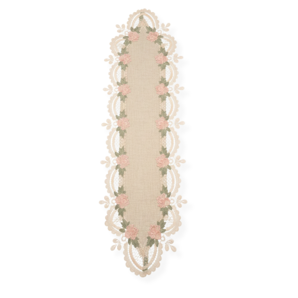 Beige and Pink Lace Runner with Flowers