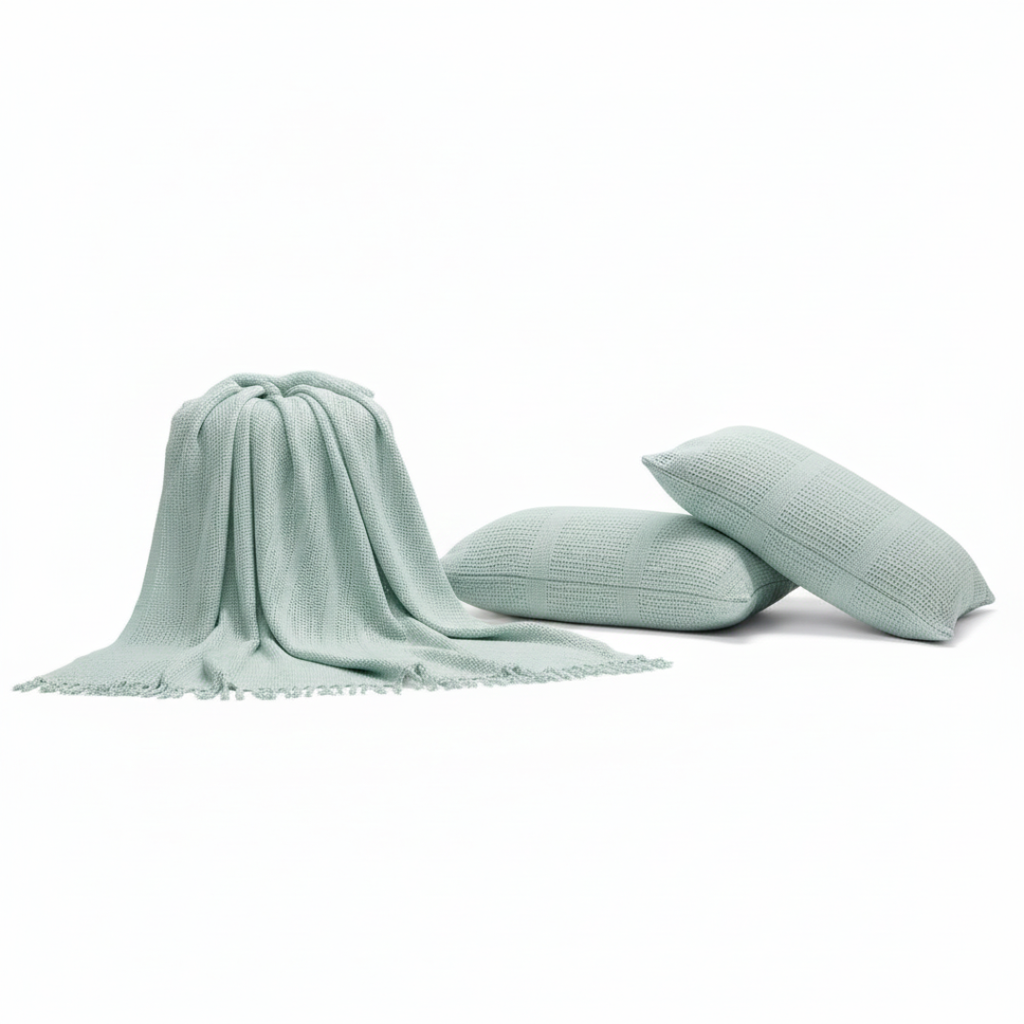 Cozy Blue Knitted Throw with Two Cushions