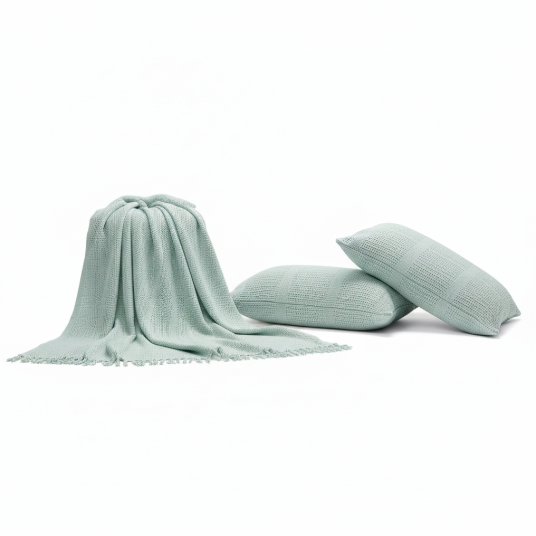 Cozy Blue Knitted Throw with Two Cushions