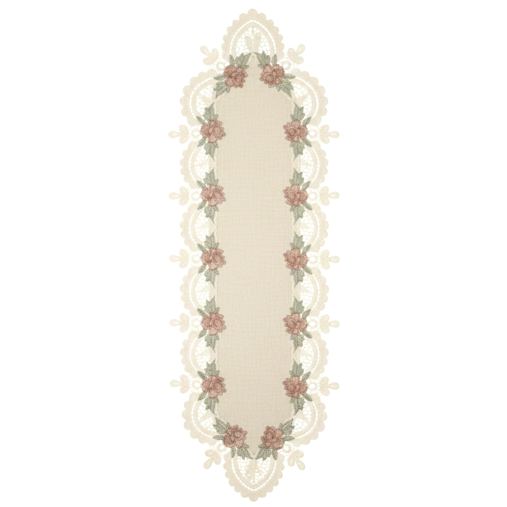 Beige and Brown Lace Runner with Flowers