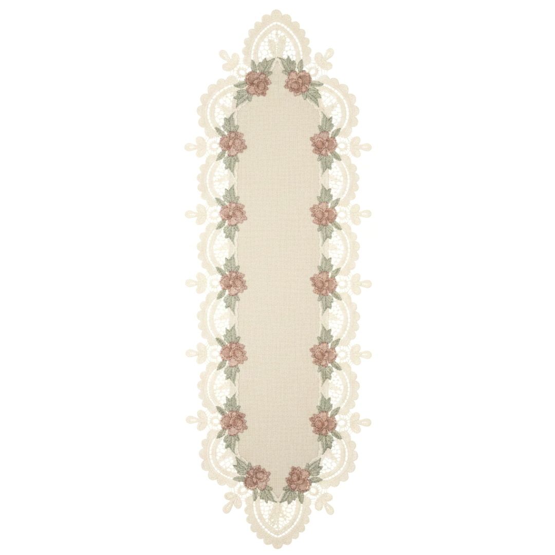 Beige and Brown Lace Runner with Flowers