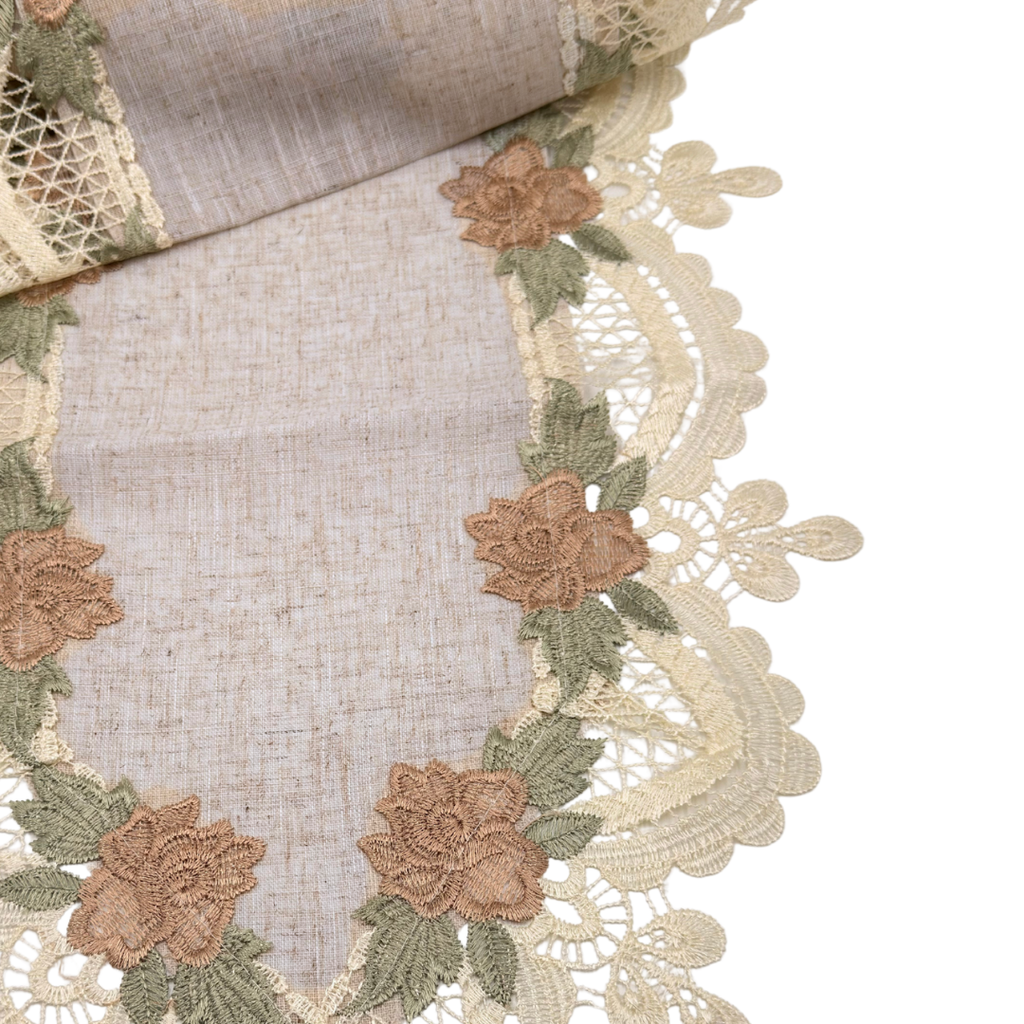 Beige and Brown Lace Runner with Flowers