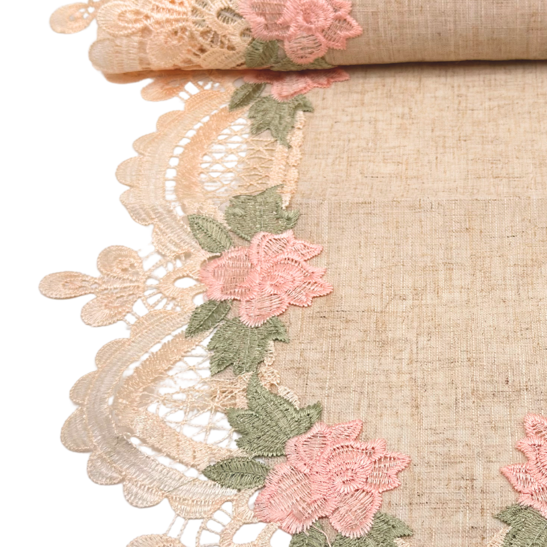 Beige and Pink Lace Runner with Flowers