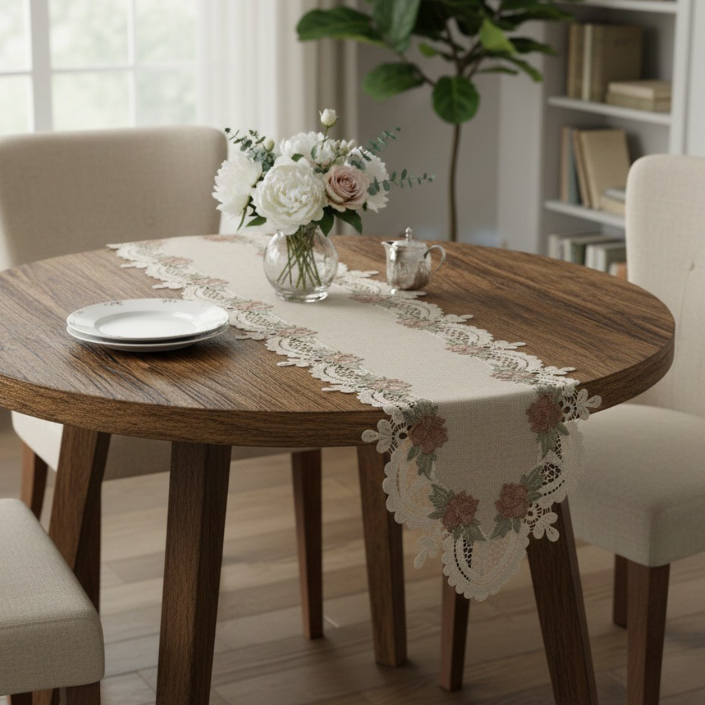 Beige and Brown Lace Runner with Flowers