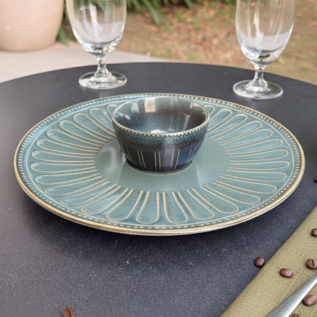 Teal Bloom Platter and Bowl