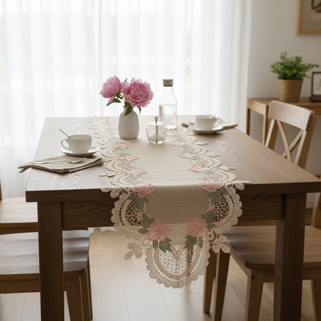Beige and Pink Lace Runner with Flowers