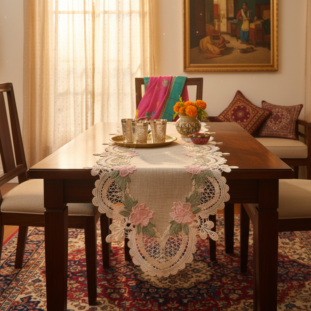 Beige and Pink Lace Runner with Flowers