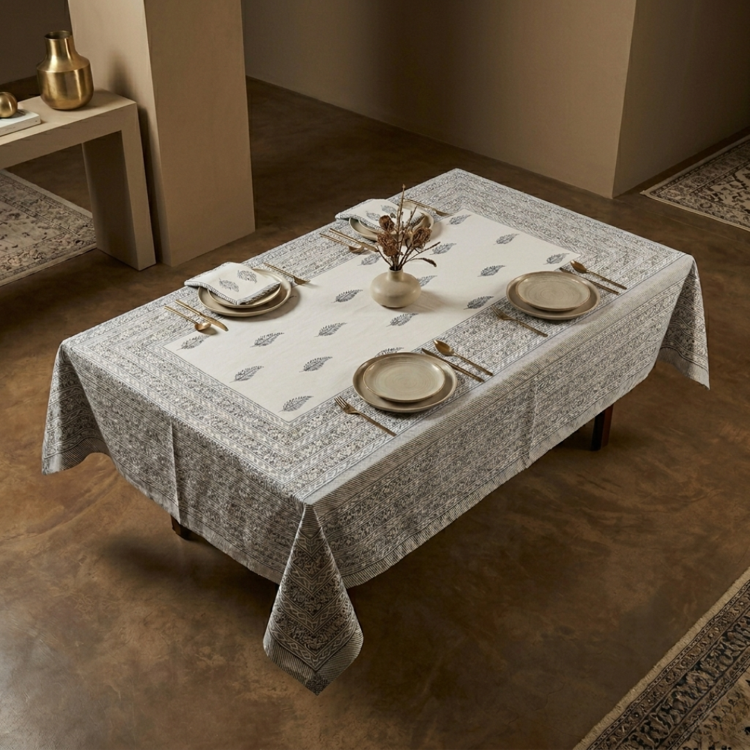 The Grey Botanical Dining Table Cover and Napkins Set
