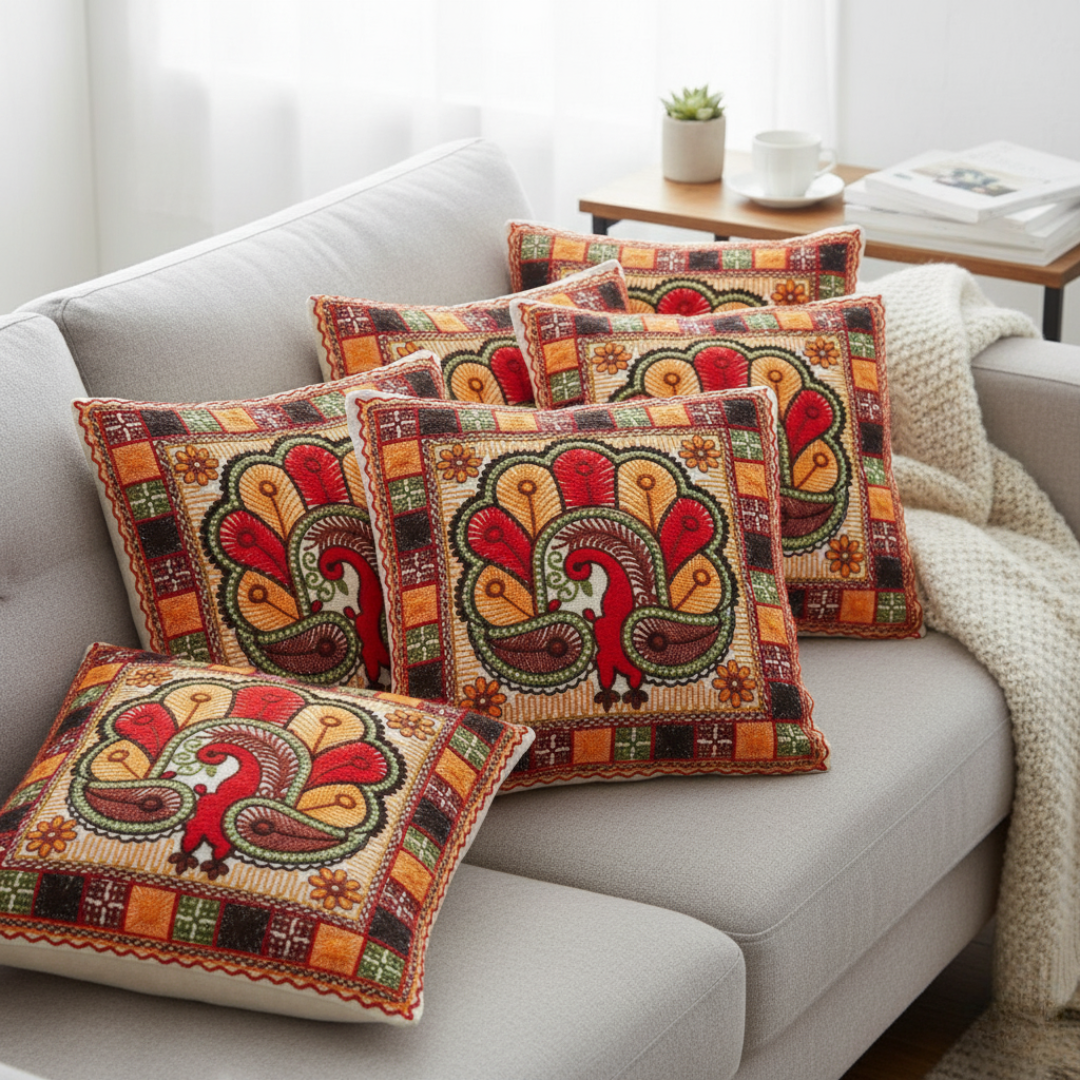Gulnaar Cushion Covers - Peacock Motif Set of 5
