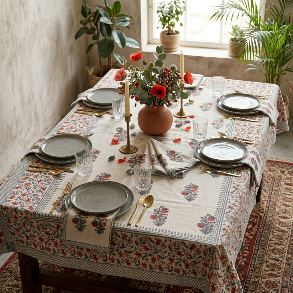 The Orange Grey Booti Dining Table Cover and Napkins Set