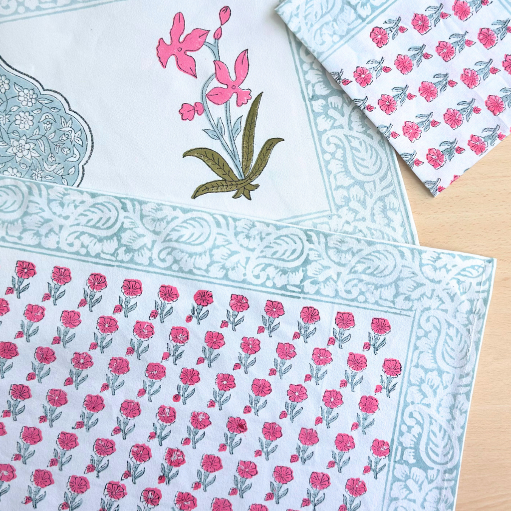 The Grey and Pink Handblock Print Table Linen Set