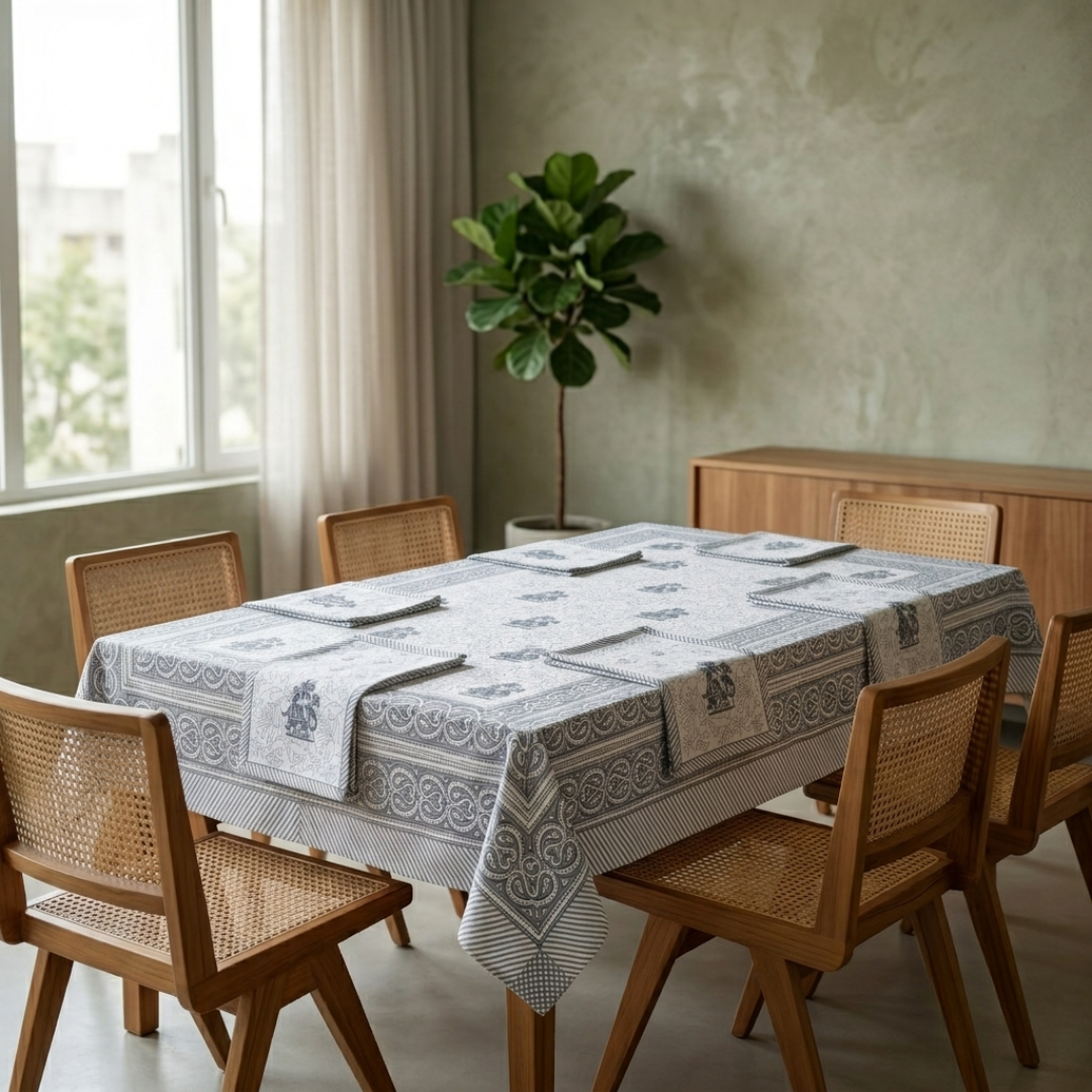 The Grey Heritage Motif Dining Table Cover and Napkins Set