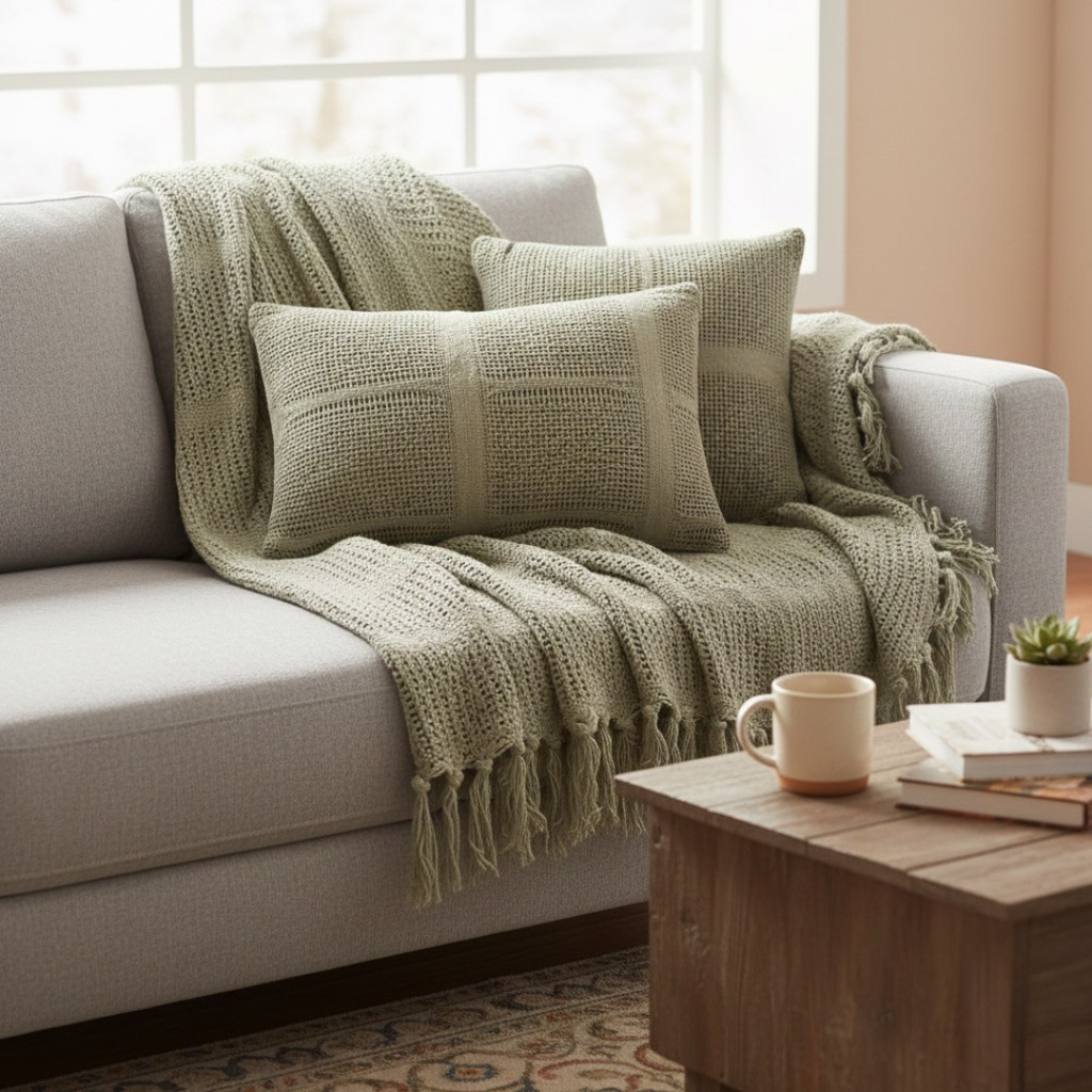Cozy Olive Green Knitted Throw with Two Cushions