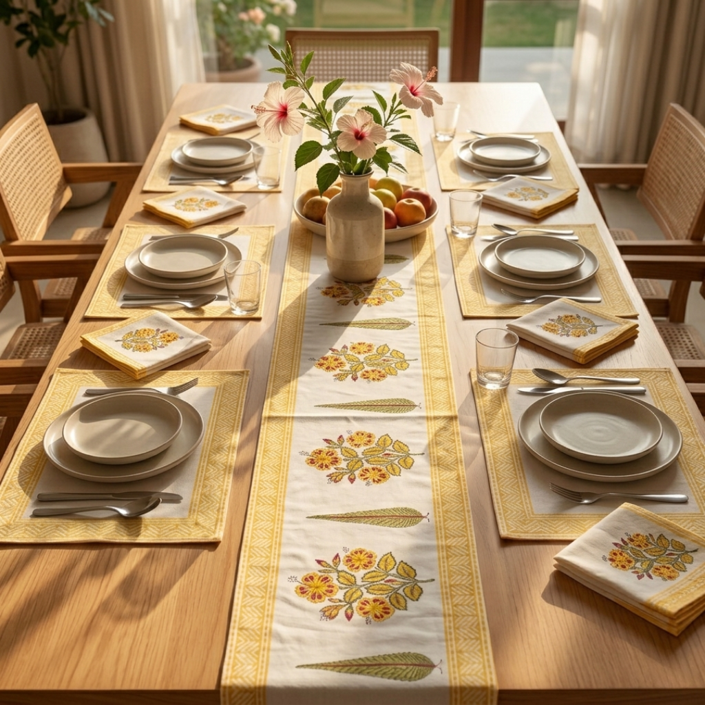 The Yellow Handblock Print Table Linen Set