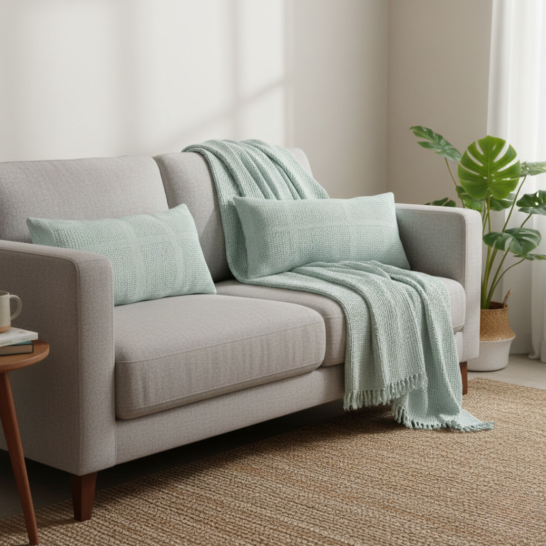 Cozy Blue Knitted Throw with Two Cushions