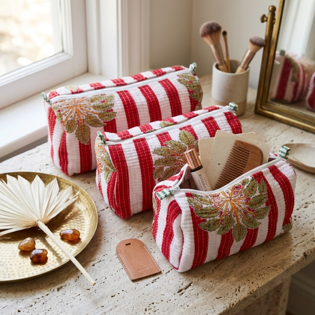 Everyday Set of 3 Pouches Red Palm Tree Print