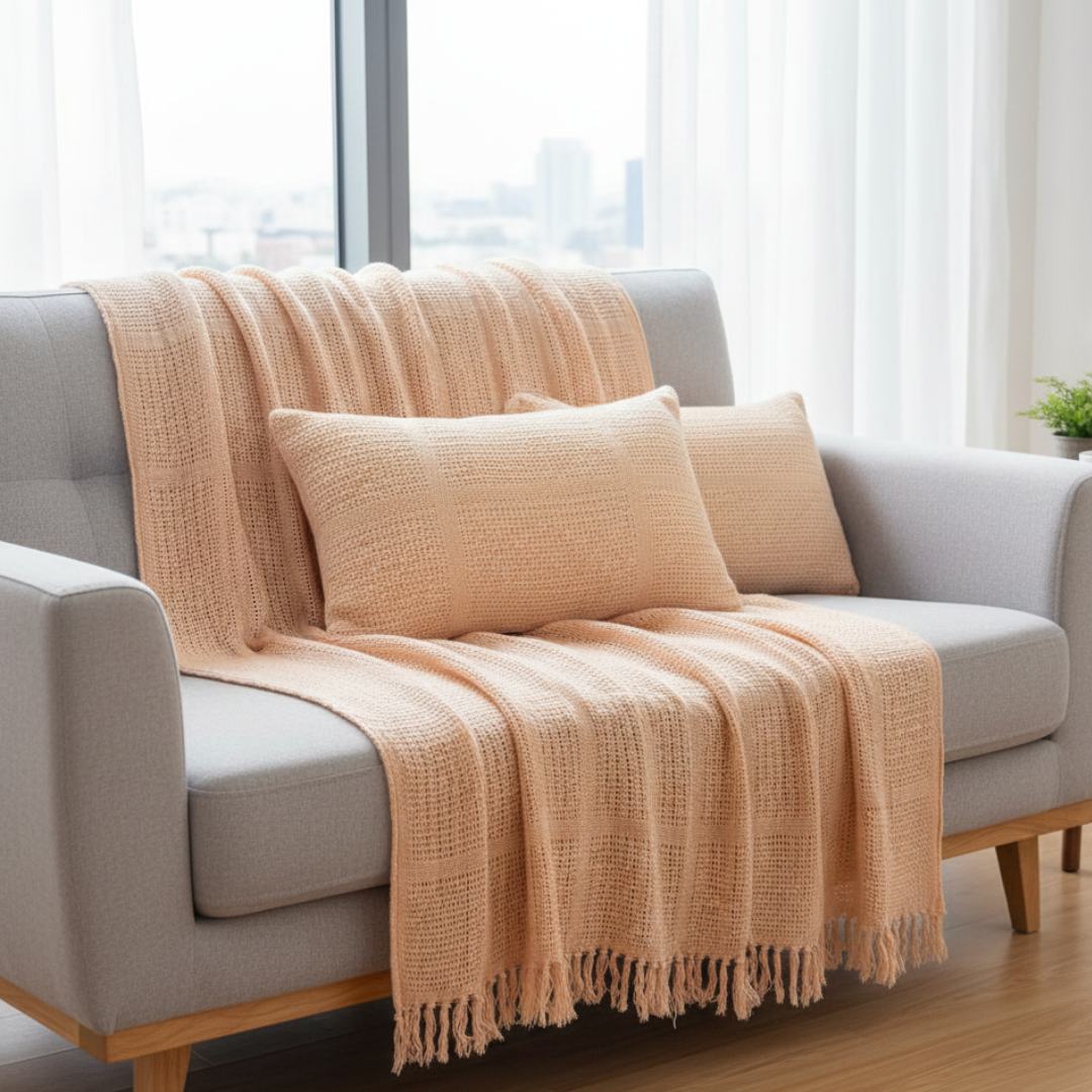 Cozy Cream Knitted Throw with Two Cushions