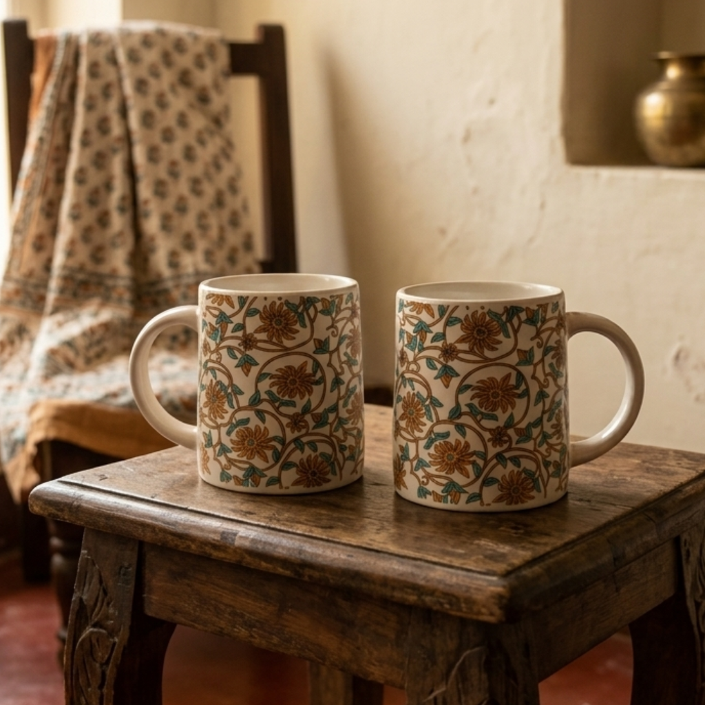 Bloom Collection - Orange Rust Floral Mugs Set of 2