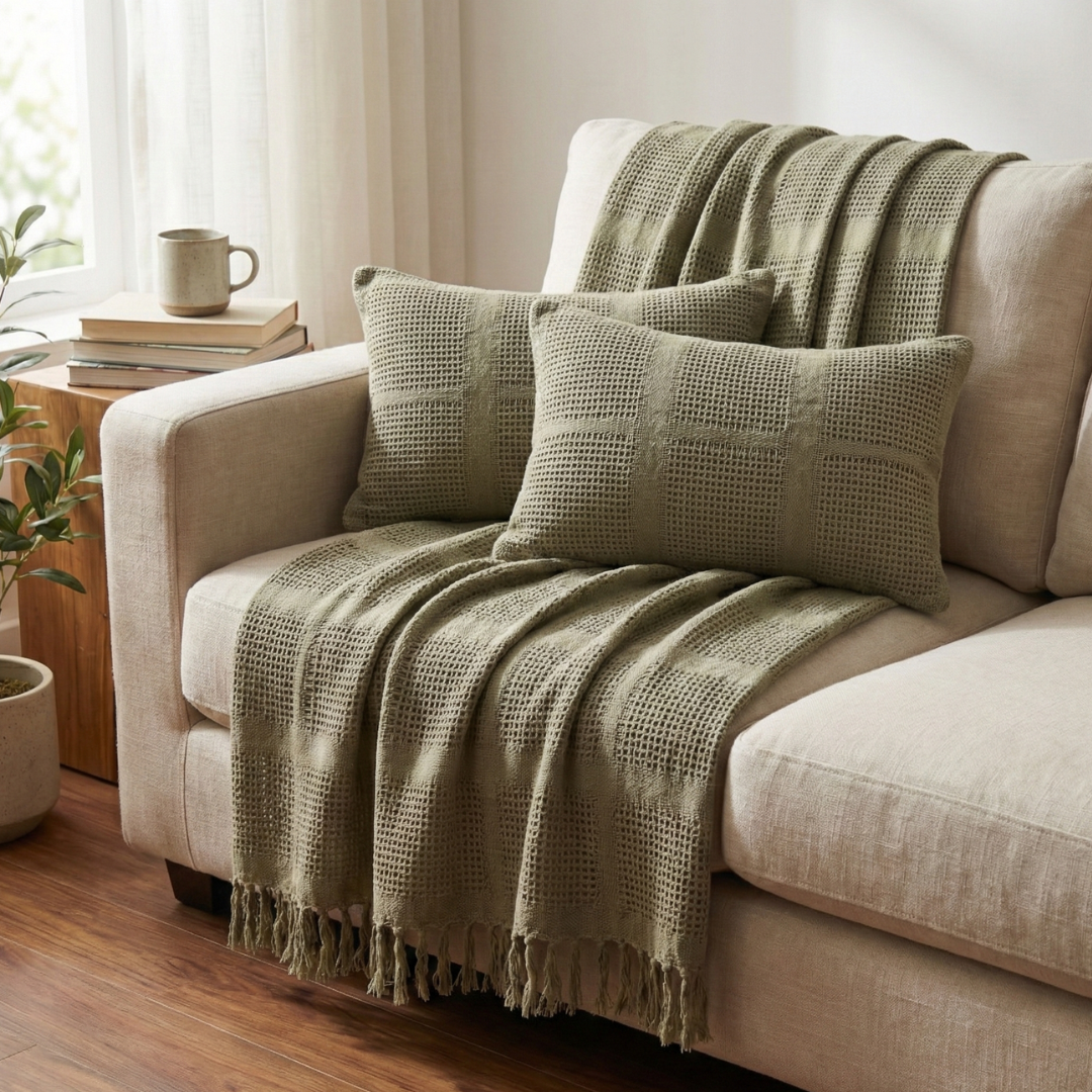 Cozy Olive Green Knitted Throw with Two Cushions
