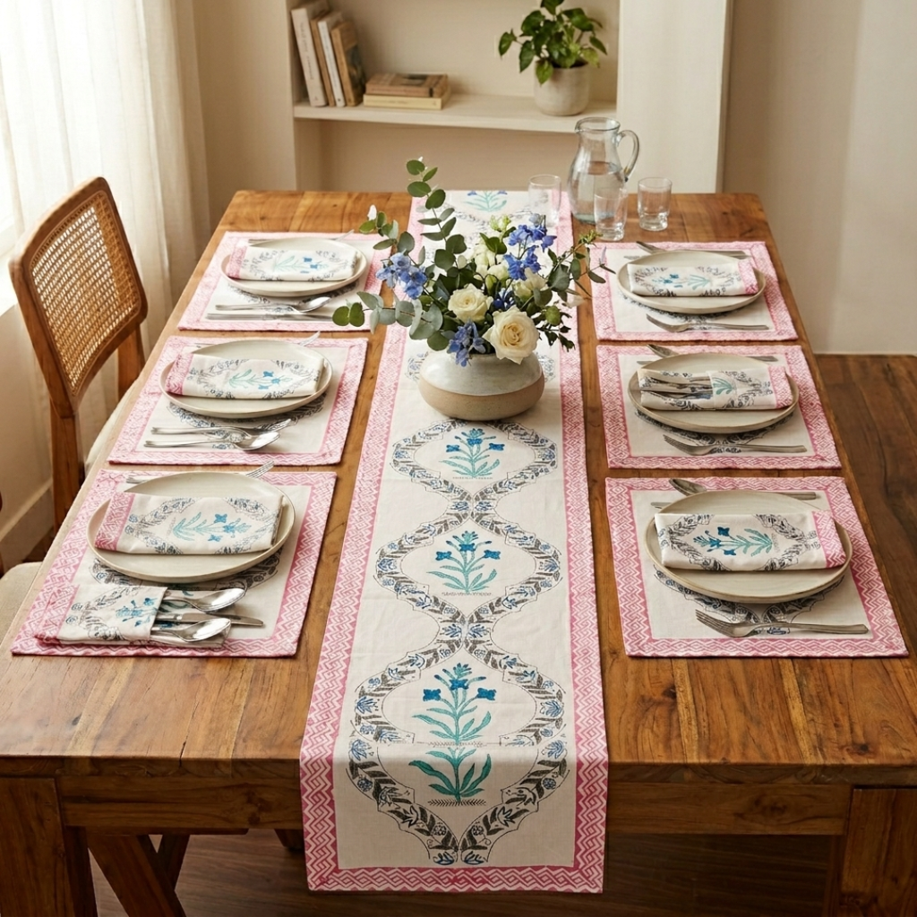 The Pink Handblock Print Table Linen Set