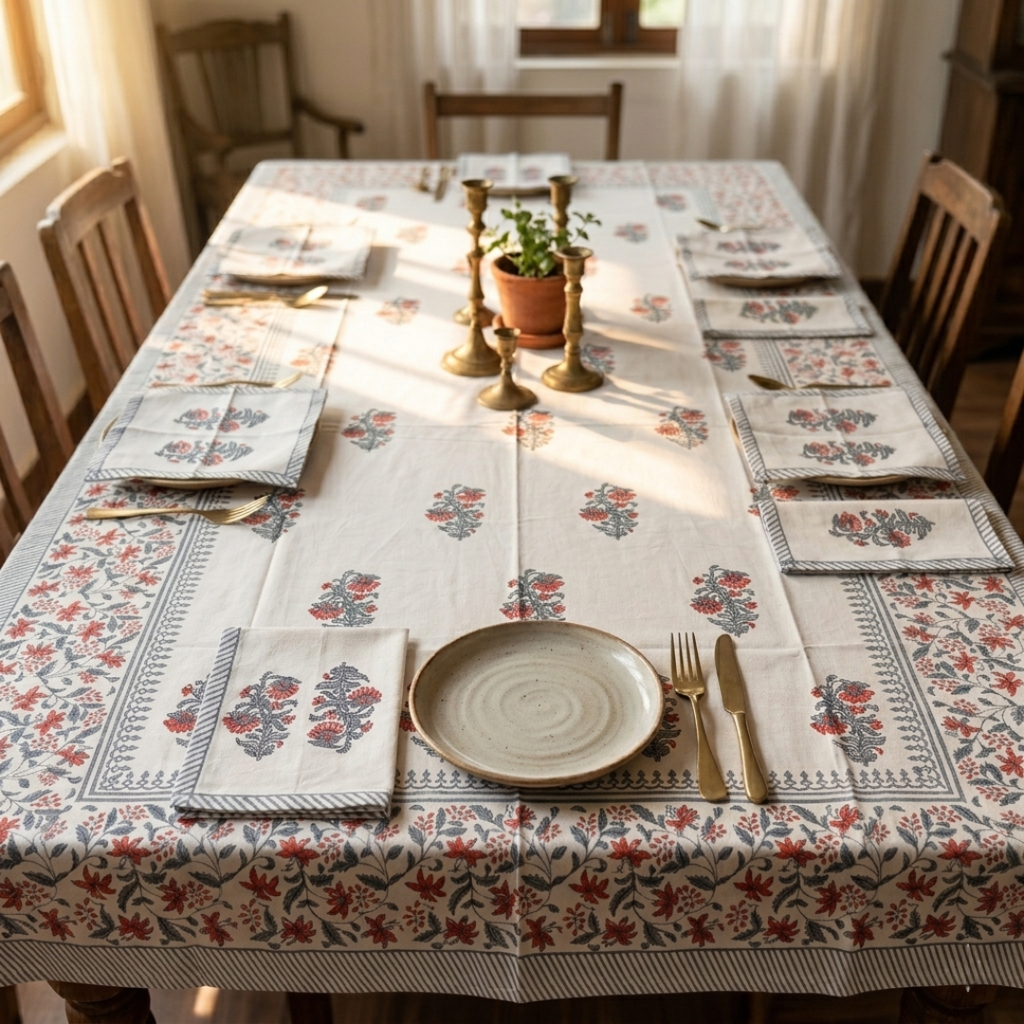 The Orange Grey Booti Dining Table Cover and Napkins Set