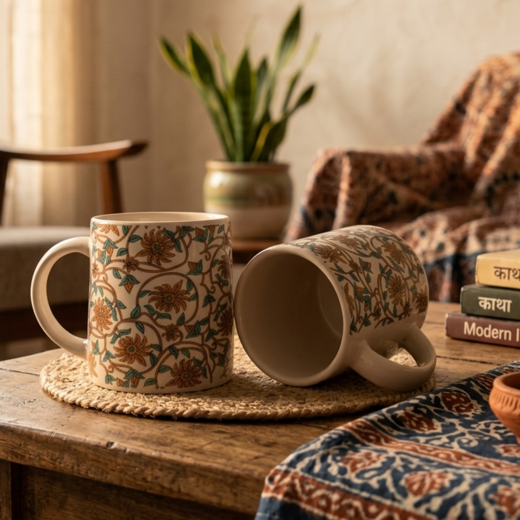 Bloom Collection - Orange Rust Floral Mugs Set of 2