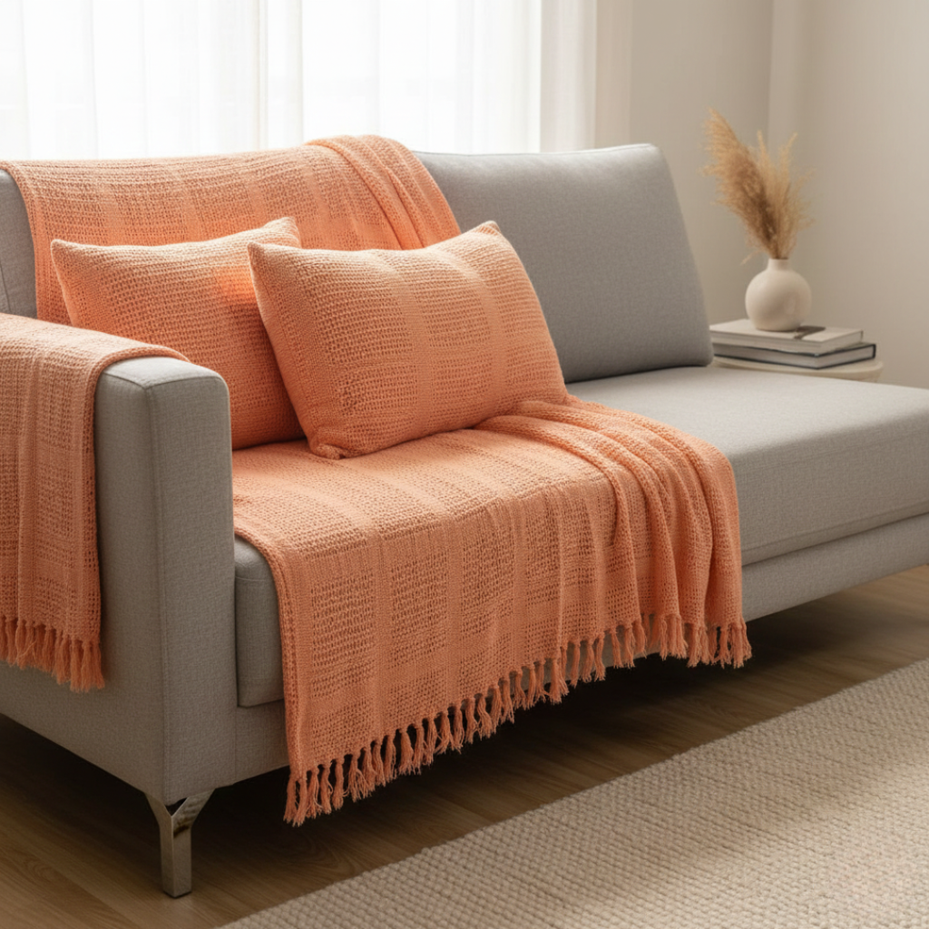 Cozy Peach Knitted Throw with Two Cushions