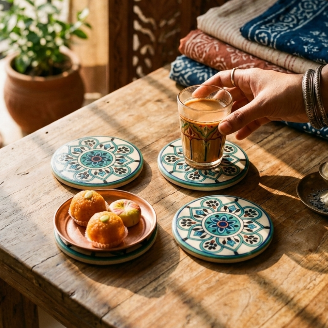 Tarika Coasters Set of 4 with Metal Stand