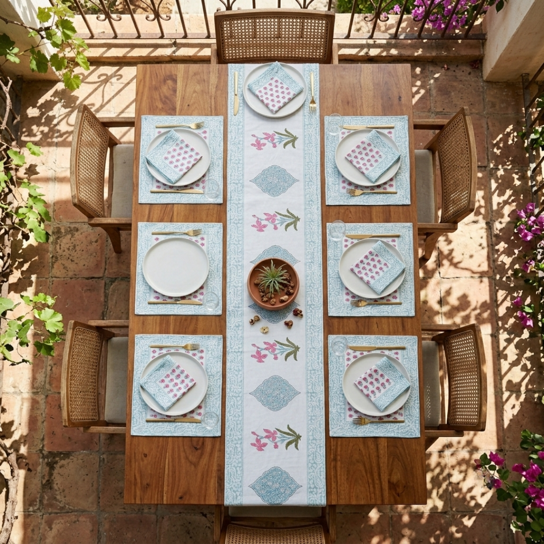 The Grey and Pink Handblock Print Table Linen Set