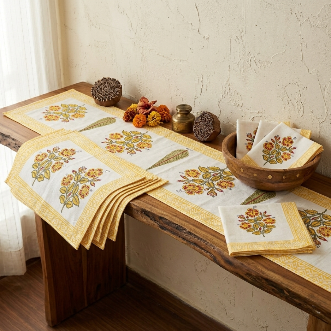 The Yellow Handblock Print Table Linen Set