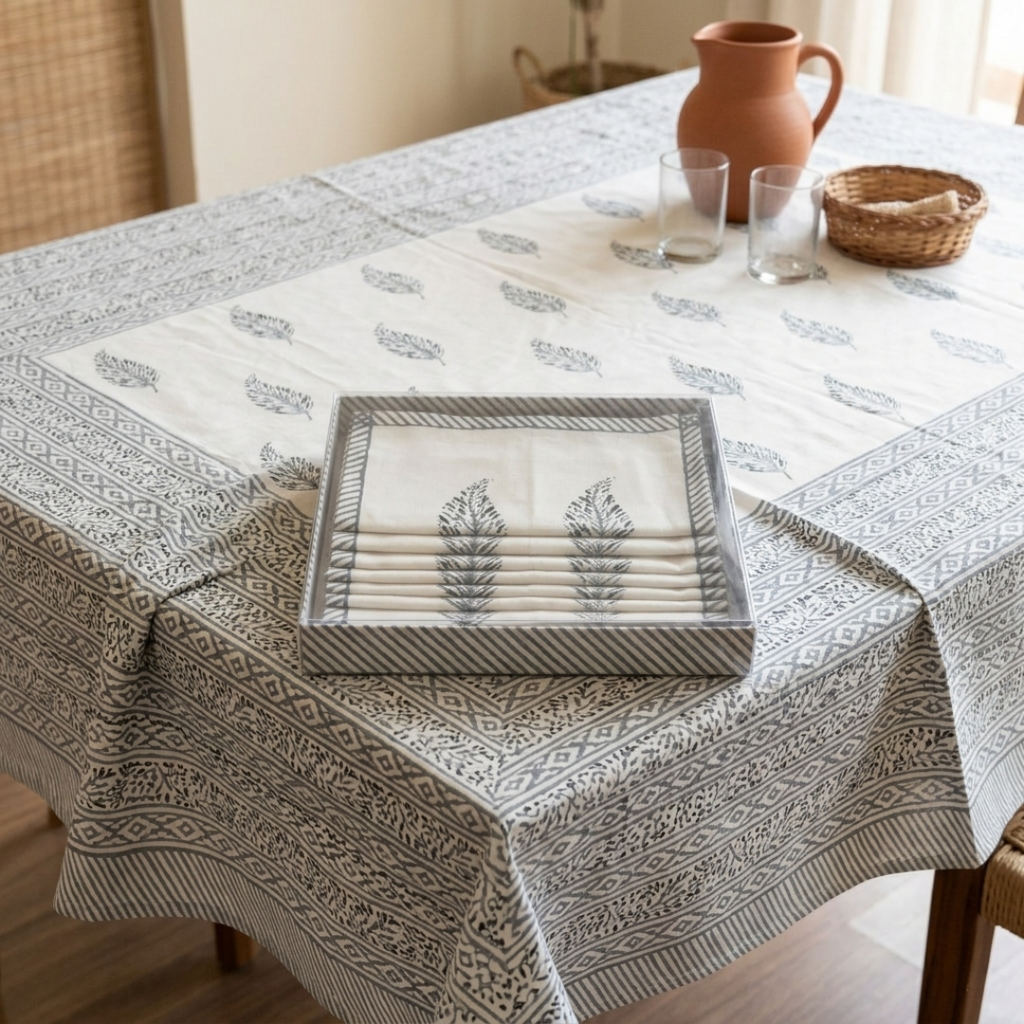 The Grey Botanical Dining Table Cover and Napkins Set