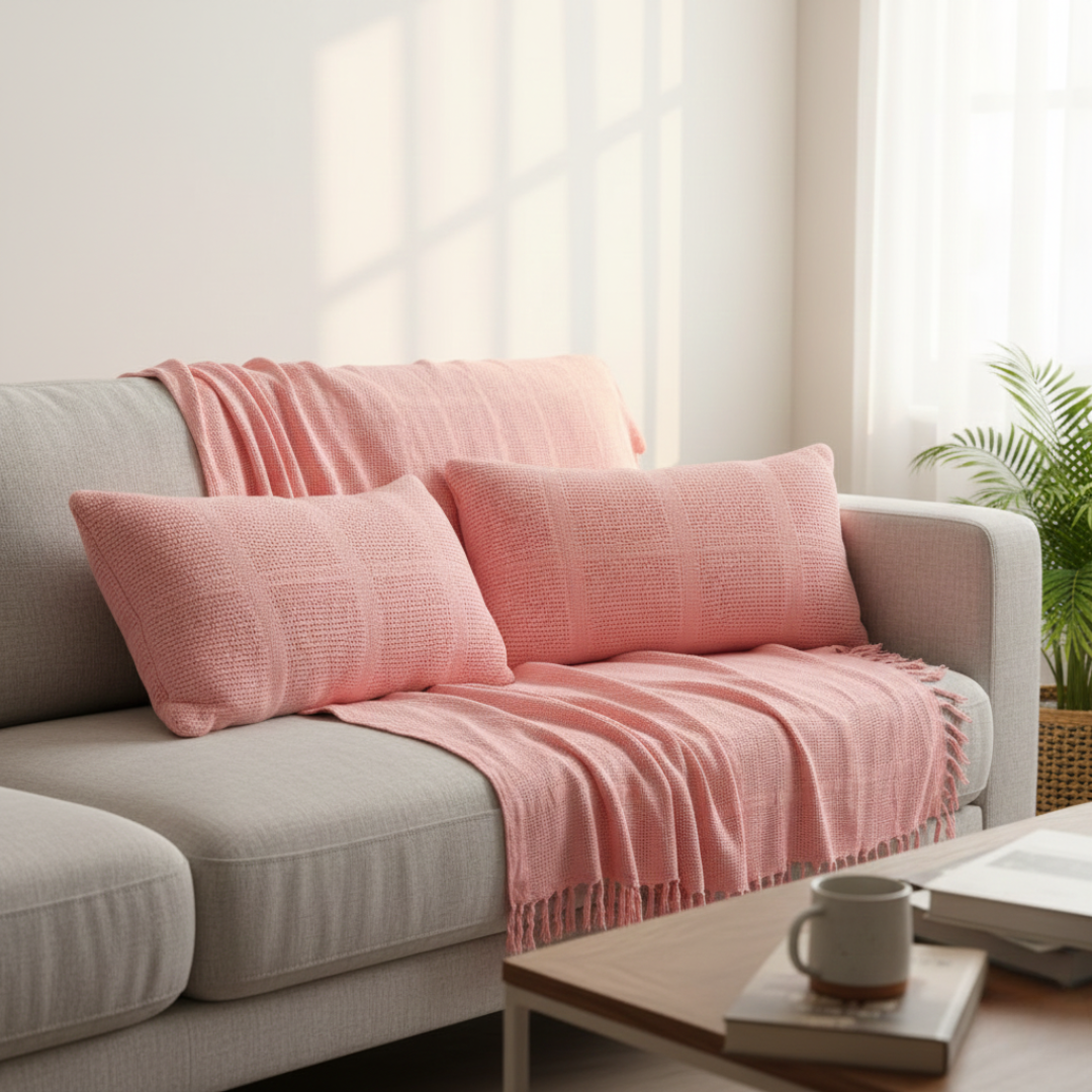 Cozy Pink Knitted Throw with Two Cushions