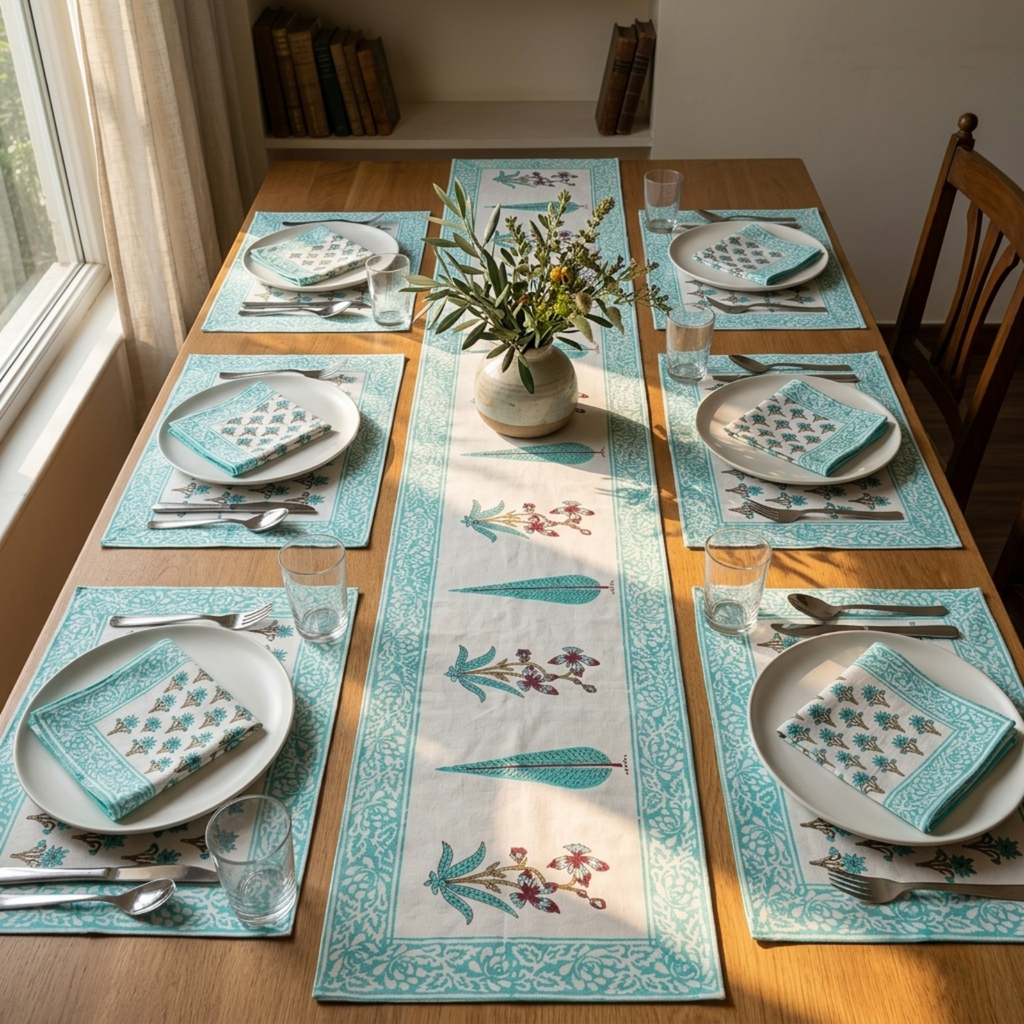 The Blue Handblock Print Table Linen Set