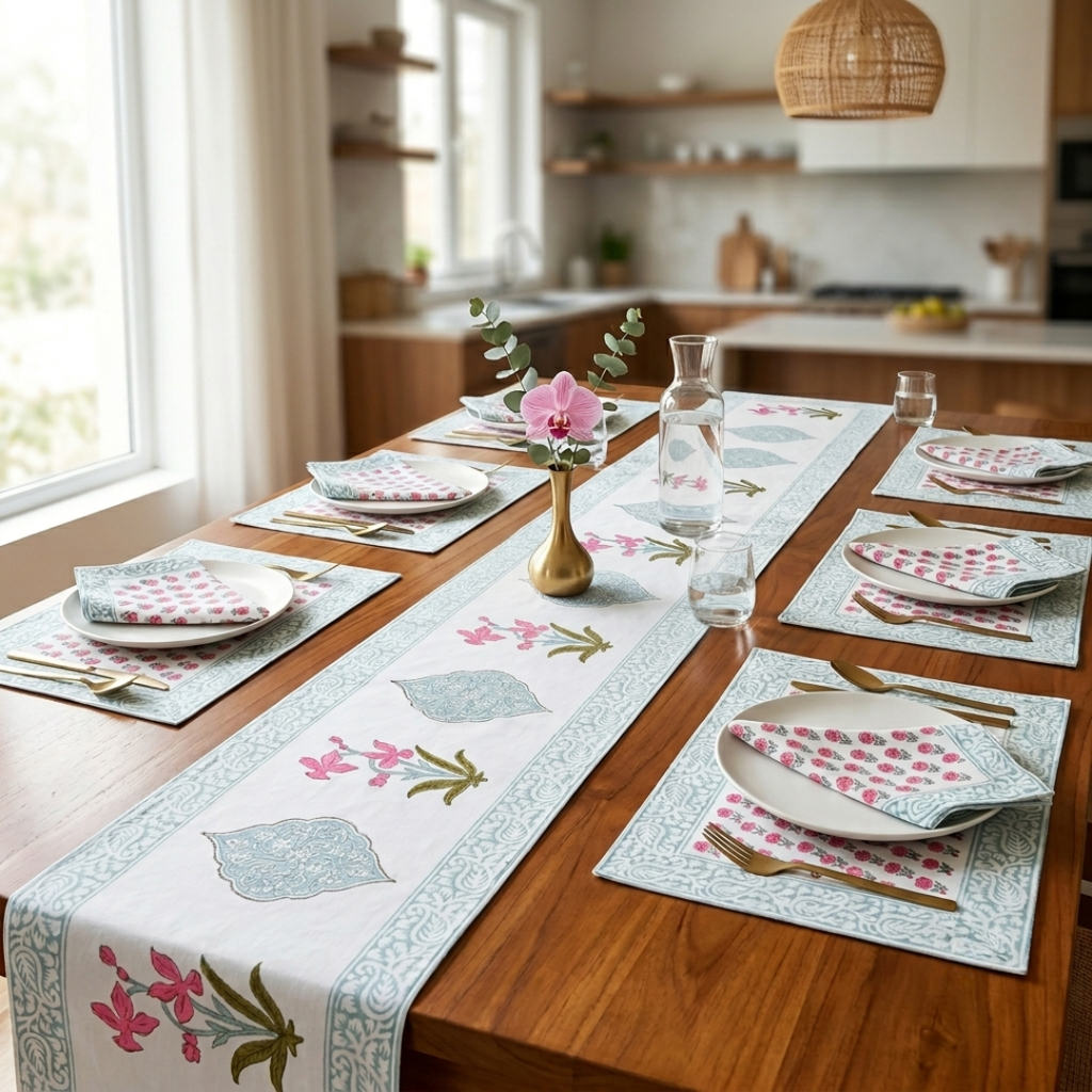 The Grey and Pink Handblock Print Table Linen Set