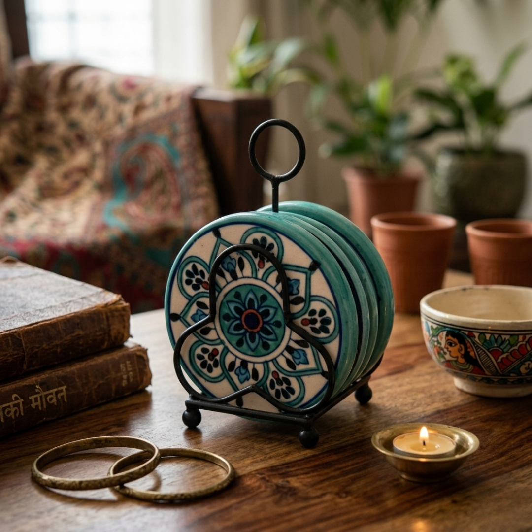 Tarika Coasters Set of 4 with Metal Stand