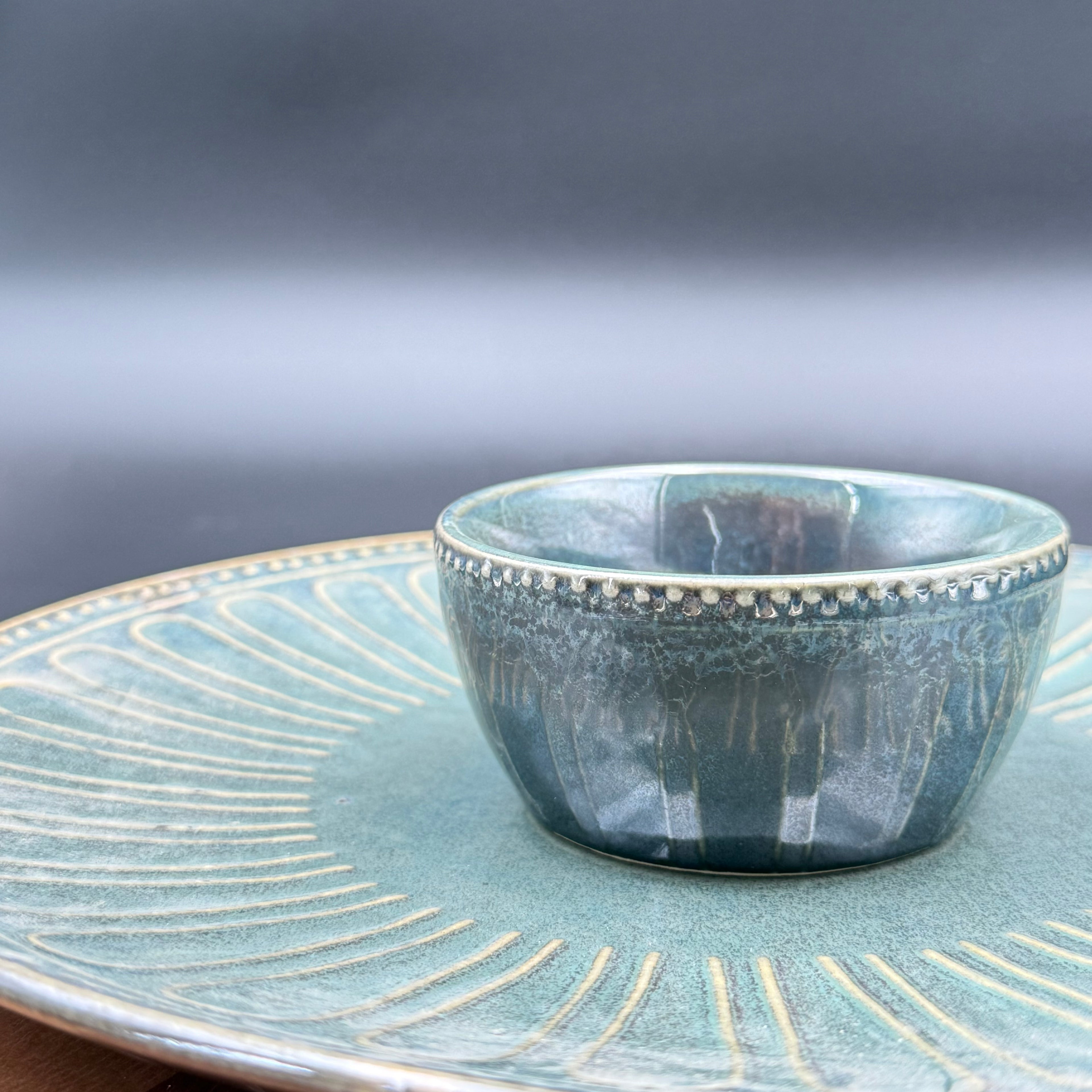 Teal Bloom Platter and Bowl